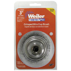 Weiler Vortec Pro Crimped Wire Cup Brush, 3" Dia, 5/8-11, 0.014" Carbon Steel, Display (804-36031) Carton of 5
