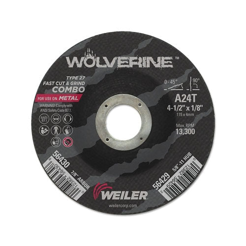 Weiler Wolverine® Combo Wheel, 4 1/2 in Dia, 1/8 in Thick, 7/8 in Arbor, 24 Grit, R (804-56430) Box of 25