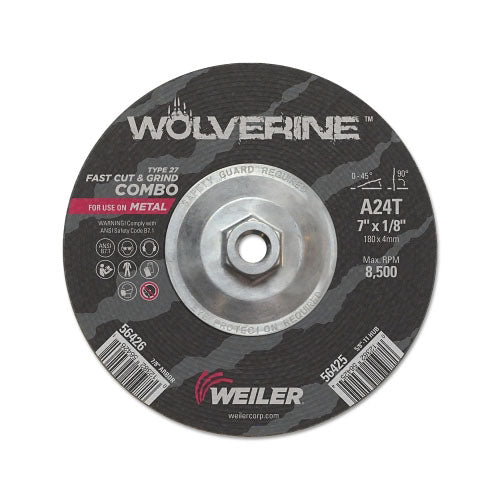 Weiler Wolverine Combo Wheels, 7 in Dia, 1/8 in Thick, 5/8 in Arbor, 24 Grit, T (804-56425) Each