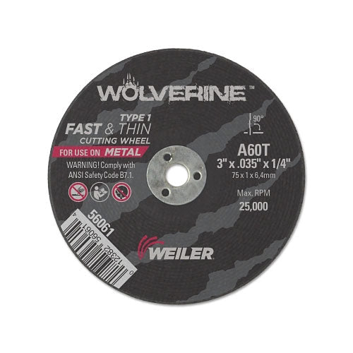 Weiler Wolverine™ Flat Type 1 Cutting Wheel, 3 in Dia, .035 Thick, 1/4 Arbor, 60 Grit (804-56061) Each
