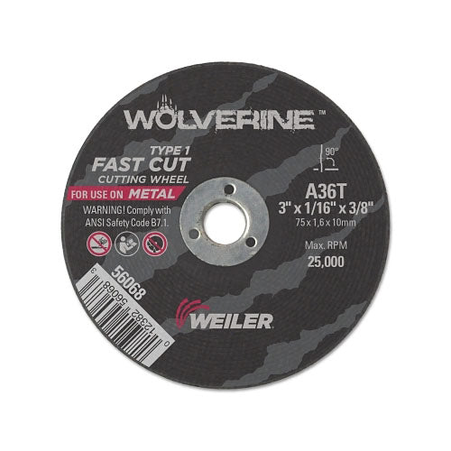 Weiler Wolverine™ Flat Type 1 Cutting Wheel, 3 in Dia, 1/16 Thick, 3/8 Arbor, 36 Grit (804-56068) Each