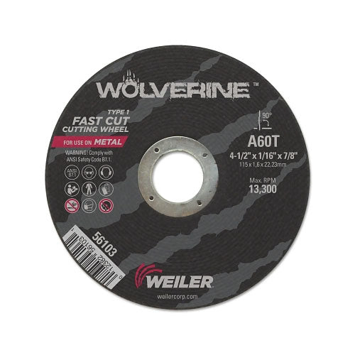 Weiler Wolverine™ Flat Type 1 Cutting Wheel, 4-1/2 in Diameter, 1/16 in Thick, 60 Grit, Alum Oxide (804-56103) Each