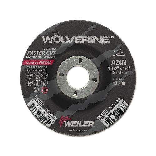 Weiler Wolverine Grinding Wheels, 4 1/2 in Dia, 1/4 in Thick, 7/8 in Arbor, 24 Grit, N (804-56457) Each