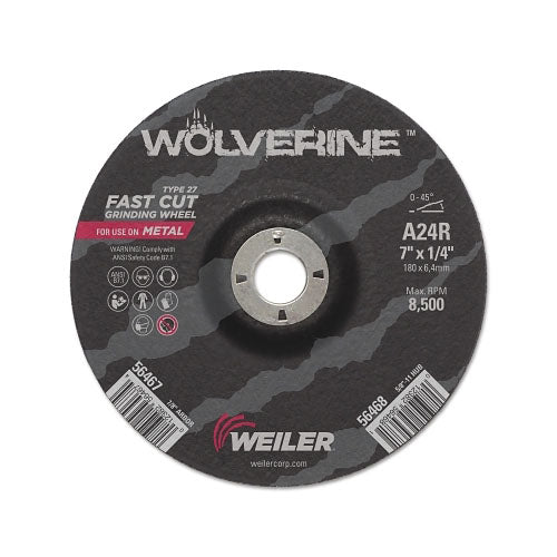 Weiler Wolverine Grinding Wheels, 7 in Dia, 1/4 in Thick, 7/8 in Arbor, 24 Grit, R (804-56467) Each