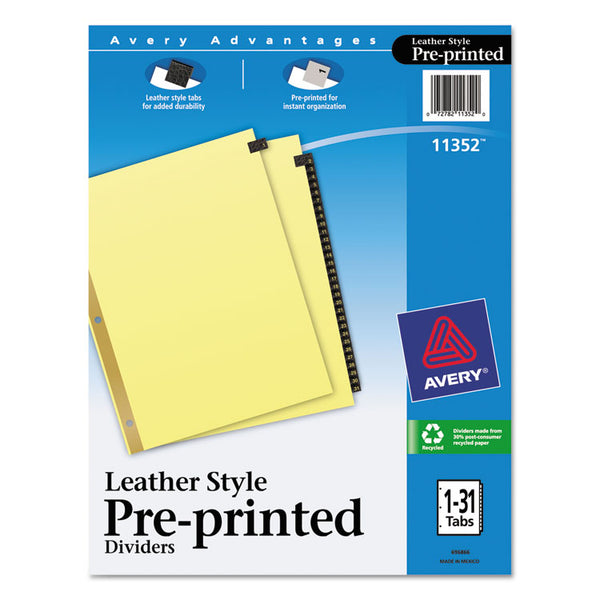 Avery® Preprinted Black Leather Tab Dividers w/Gold Reinforced Edge, 31-Tab, 1 to 31, 11 x 8.5, Buff, 1 Set (AVE11352)