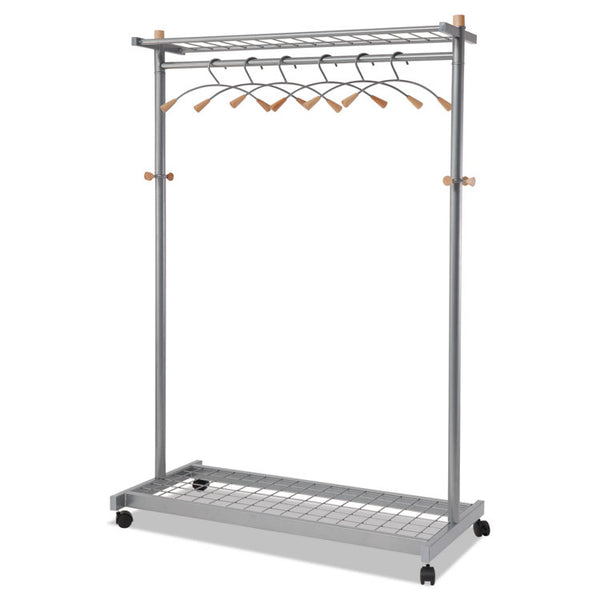 Alba™ Garment Racks, Two-Sided, 2-Shelf Coat Rack, 6 Hanger/6 Hook, 44.8w x 21.67d x 70.8h, Silver/Wood (ABAPMLUX6)