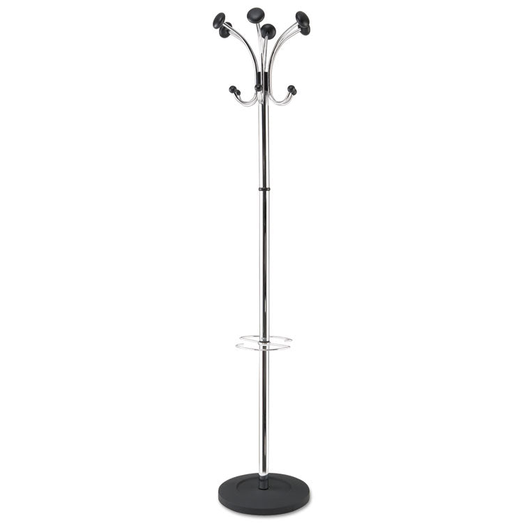 Alba™ Chromy Coat Stand, 12 Knobs, 16w x 16d x 70.5h, Chrome/Black (ABAPMCLAS) Each