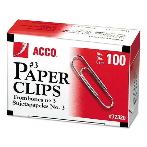 ACCO Paper Clips, #3, Smooth, Silver, 100 Clips/Box, 10 Boxes/Pack (ACC72320)