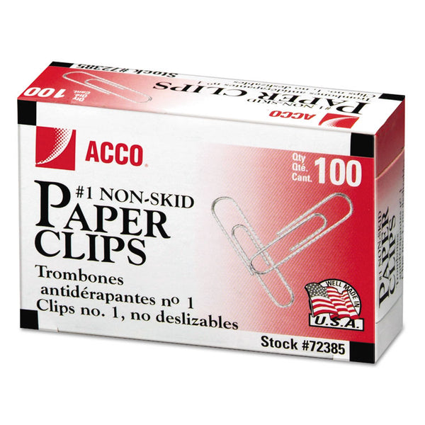 ACCO Paper Clips, #1, Nonskid, Silver, 100 Clips/Box, 10 Boxes/Pack (ACC72385)