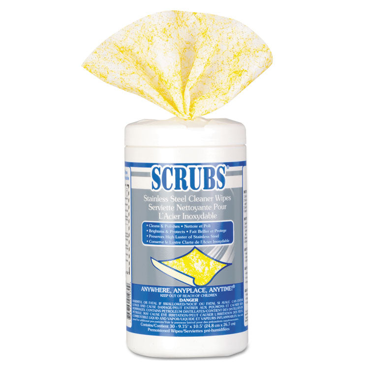 SCRUBS® Stainless Steel Cleaner Towels, 1-Ply, 9.75 x 10.5, Lemon Scent, 30/Canister, 6 Canisters/Carton (ITW91930CT)