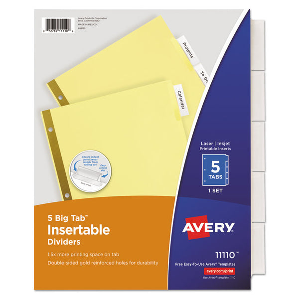 Avery® Insertable Big Tab Dividers, 5-Tab, Double-Sided Gold Edge Reinforcing, 11 x 8.5, Buff, Clear Tabs, 1 Set (AVE11110)