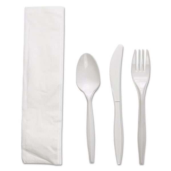 Boardwalk® Four-Piece Cutlery Kit, Fork/Knife/Napkin/Teaspoon, White, Polypropylene, 250/Carton (BWKFKTNMWPPWH)