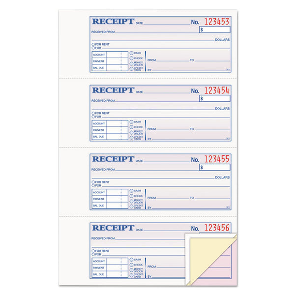 Adams® Receipt Book, Three-Part Carbonless, 7.19 x 2.75, 4 Forms/Sheet, 100 Forms Total (ABFTC1182)