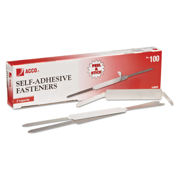 ACCO Self-Adhesive Two-Prong Paper Fastener Bases, 2" Capacity, 2.75" Center to Center, Matte Steel, 100/Box (ACC70020)