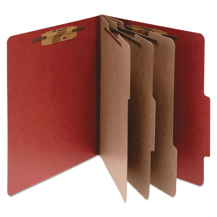 ACCO Pressboard Classification Folders, 4" Expansion, 3 Dividers, 8 Fasteners, Legal Size, Earth Red Exterior, 10/Box (ACC16038)