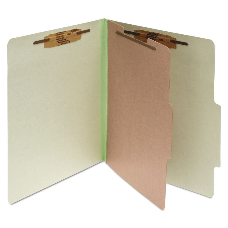 ACCO Pressboard Classification Folders, 2" Expansion, 1 Divider, 4 Fasteners, Legal Size, Leaf Green Exterior, 10/Box (ACC16044)