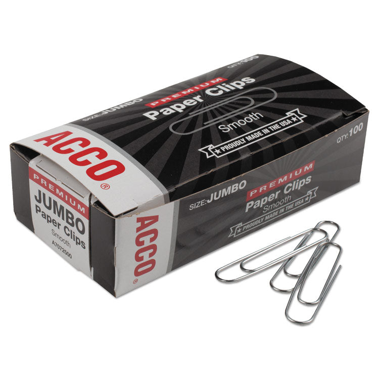 ACCO Premium Heavy-Gauge Wire Paper Clips, Jumbo, Smooth, Silver, 100 Clips/Box, 10 Boxes/Pack (ACC72500)