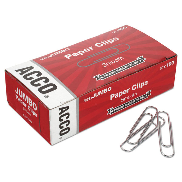 ACCO Paper Clips, Jumbo, Smooth, Silver, 100 Clips/Box, 10 Boxes/Pack (ACC72580)