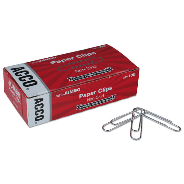 ACCO Paper Clips, Jumbo, Nonskid, Silver, 100 Clips/Box, 10 Boxes/Pack (ACC72585)