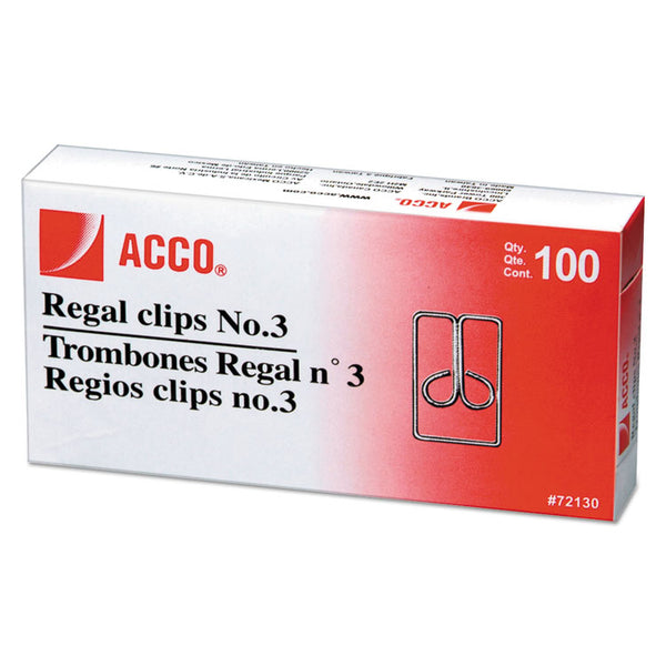 ACCO Regal Clips, #3, Smooth, Silver, 100/Box (ACC72130)