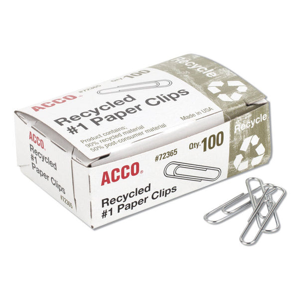 ACCO Recycled Paper Clips, #1, Smooth, Silver, 100 Clips/Box, 10 Boxes/Pack (ACC72365)