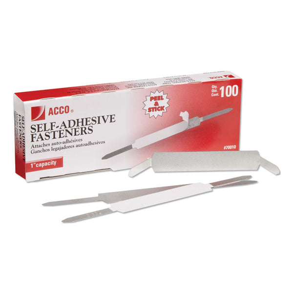 ACCO Self-Adhesive Two-Prong Paper Fastener Bases, 1" Capacity, 2.75" Center to Center, Matte Steel, 100/Box (ACC70010)