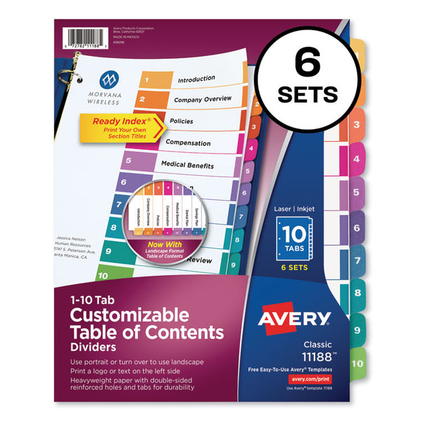 Avery® Customizable TOC Ready Index Multicolor Tab Dividers, 10-Tab, 1 to 10, 11 x 8.5, White, Traditional Color Tabs, 6 Sets (AVE11188)