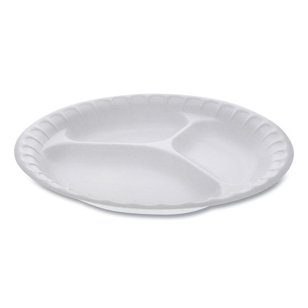 Pactiv Evergreen Placesetter Satin Non-Laminated Foam Dinnerware, 3-Compartment Plate, 9" dia, White, 500/Carton (PCT0TH10011)