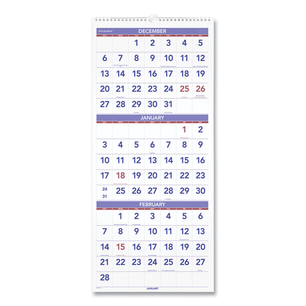 AT-A-GLANCE® Deluxe Three-Month Reference Wall Calendar, Vertical Orientation, 12 x 27, White Sheets, 14-Month (Dec to Jan): 2023 to 2025 (AAGPM1128)