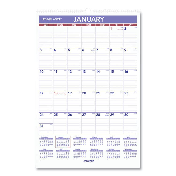 AT-A-GLANCE® Monthly Wall Calendar with Ruled Daily Blocks, 15.5 x 22.75, White Sheets, 12-Month (Jan to Dec): 2024 (AAGPM328)