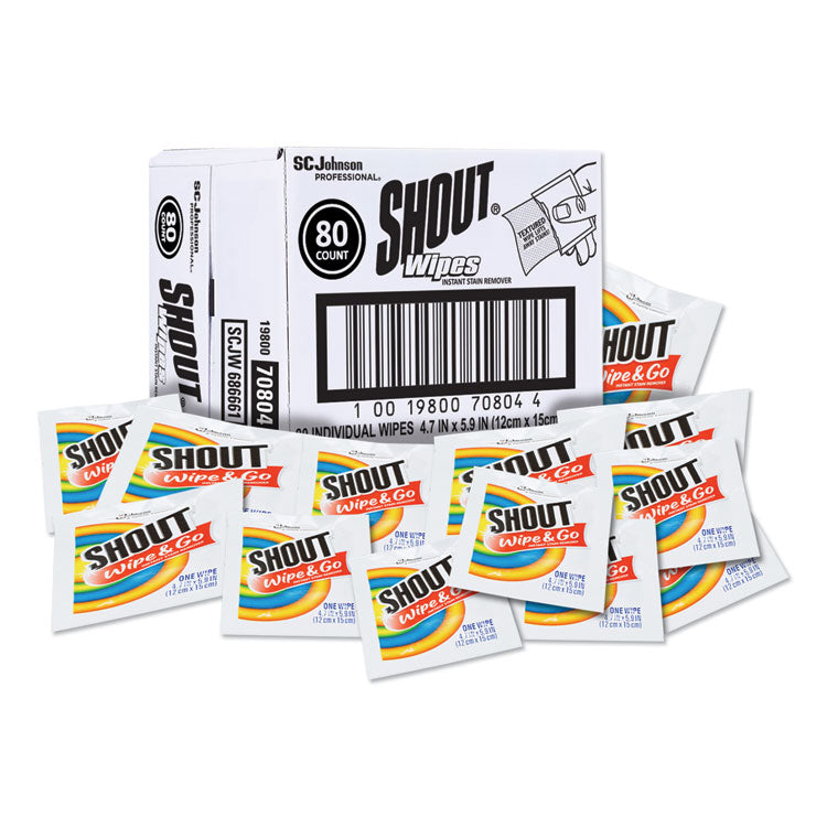 Shout® Wipe and Go Instant Stain Remover, 4.7 x 5.9, Unscented, White, 80 Packets/Carton (SJN686661)