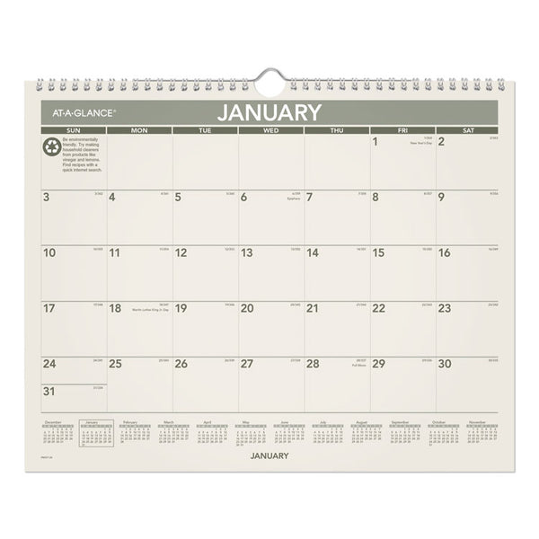 AT-A-GLANCE® Recycled Wall Calendar, Unruled Blocks, 15 x 12, Sand/Green Sheets, 12-Month (Jan to Dec): 2024 (AAGPMG7728)
