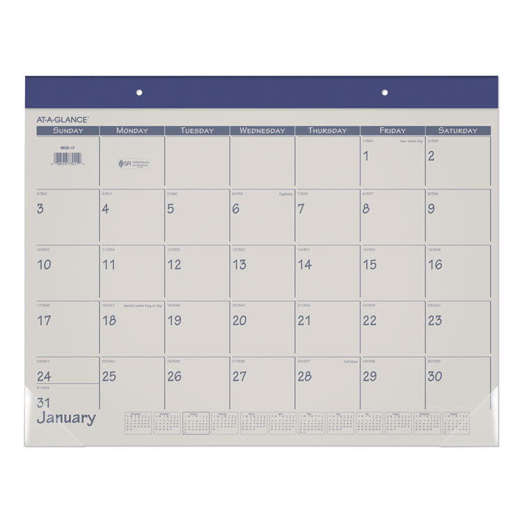 AT-A-GLANCE® Fashion Color Desk Pad, 22 x 17, Stone/Blue Sheets, Blue Binding, Clear Corners, 12-Month (Jan to Dec): 2024 (AAGSK2517)
