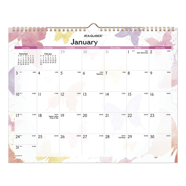 AT-A-GLANCE® Watercolors Recycled Monthly Wall Calendar, Watercolors Artwork, 15 x 12, White/Multicolor Sheets, 12-Month (Jan-Dec): 2024 (AAGPM91707)