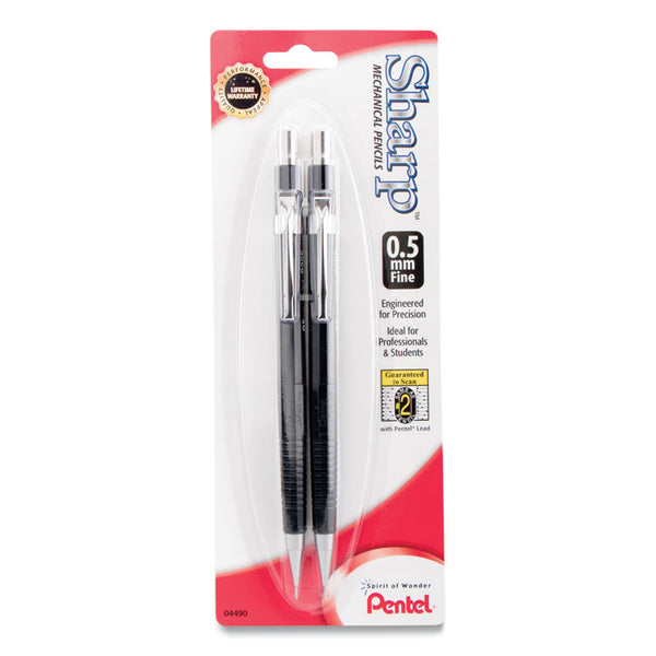 Pentel® Sharp Mechanical Pencil, 0.5 mm, HB (#2), Black Lead, Black Barrel, 2/Pack (PENP205BP2K6)