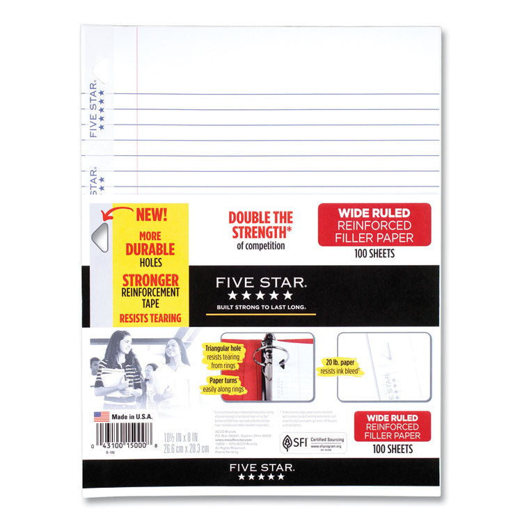 Five Star® Reinforced Filler Paper, 3-Hole, 8 x 10.5, Wide/Legal Rule, 100/Pack (ACC1506)