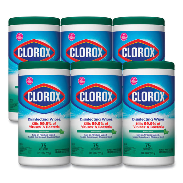 Clorox® Disinfecting Wipes, 1-Ply, 7 x 8, Fresh Scent, White, 75/Canister, 6 Canisters/Carton (CLO01656)