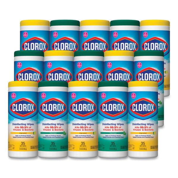 Clorox® Disinfecting Wipes, 1-Ply, 7 x 8, Fresh Scent/Citrus Blend, 35/Canister, 3/Pack, 5 Packs/Carton (CLO30112CT)