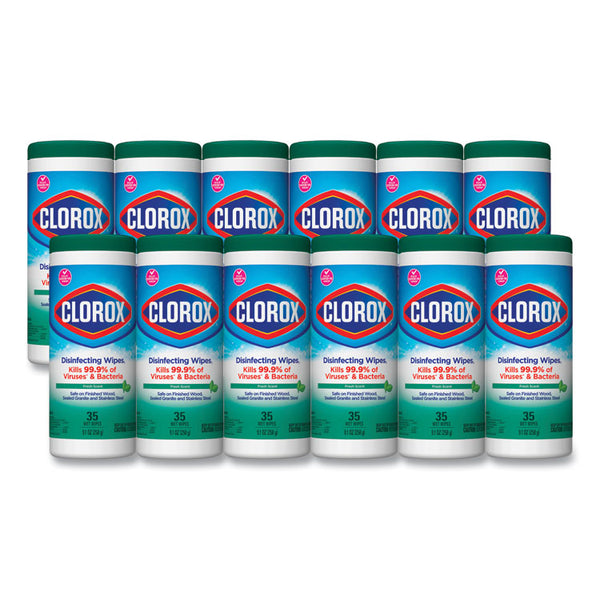 Clorox® Disinfecting Wipes, 1-Ply, 7 x 8, Fresh Scent, White, 35/Canister, 12 Canisters/Carton (CLO01593CT)