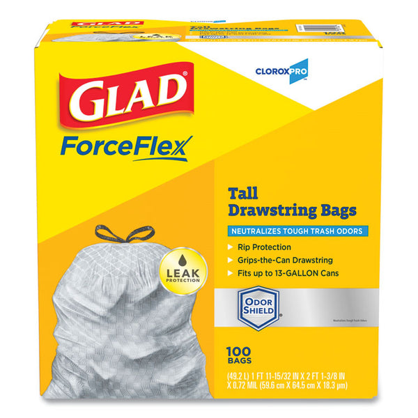 Glad® ForceFlex Tall Kitchen Drawstring Trash Bags, 13 gal, 0.72 mil, 23.75" x 24.88", Gray, 100/Box (CLO70427)