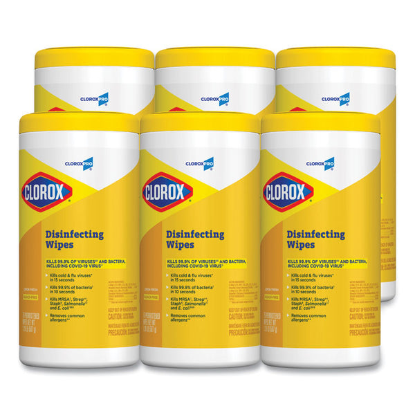 Clorox® Disinfecting Wipes, 1-Ply, 7 x 8, Lemon Fresh, White, 75/Canister, 6/Carton (CLO15948CT)