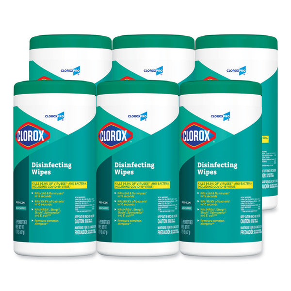 Clorox® Disinfecting Wipes, 1-Ply, Fresh Scent, 7 x 8, White, 75/Canister, 6 Canisters/Carton (CLO15949CT)