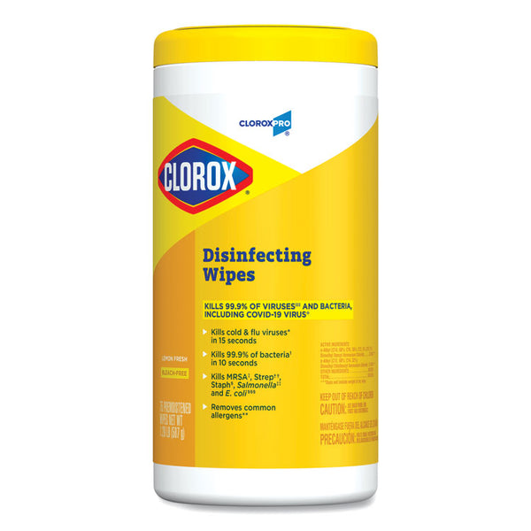 Clorox® Disinfecting Wipes, 1-Ply, 7 x 8, Lemon Fresh, White, 75/Canister (CLO15948EA)