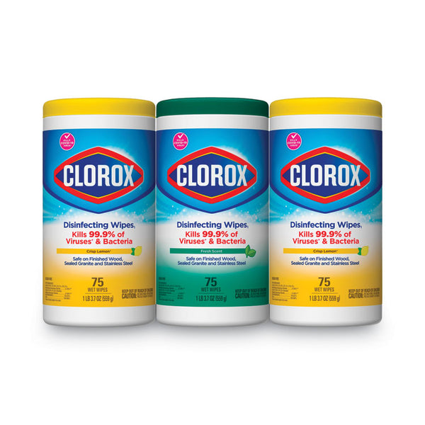 Clorox® Disinfecting Wipes, 1-Ply, 7 x 8, Fresh Scent/Citrus Blend, White, 75/Canister, 3 Canisters/Pack (CLO30208PK)
