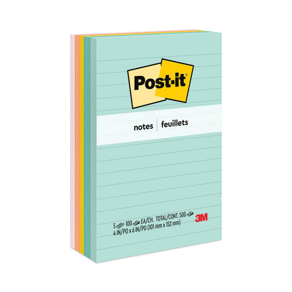 Post-it® Notes Original Pads in Beachside Cafe Collection Colors, Note Ruled, 4" x 6", 100 Sheets/Pad, 5 Pads/Pack (MMM6605PKAST)