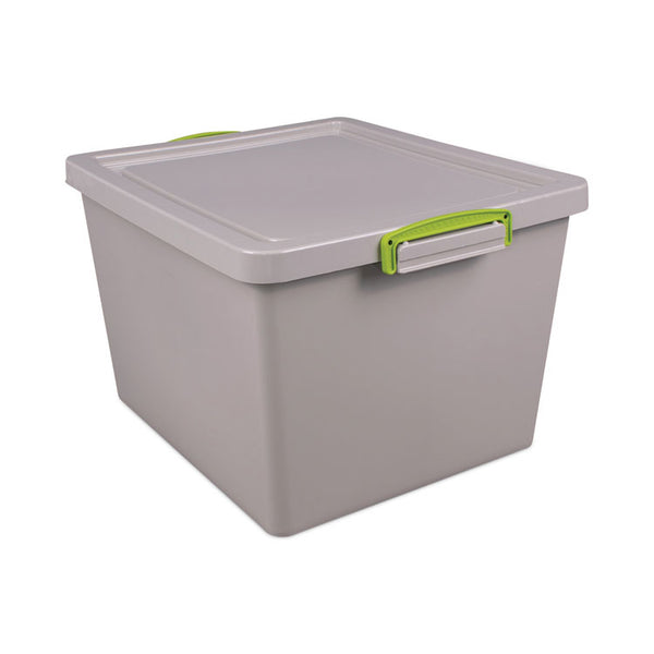 Really Useful Box® 35.4 Qt. Latch Lid Storage Tote, 14.76" x 12.6" x 10.43", Dove Gray/Green (RUA335RECYGREY)