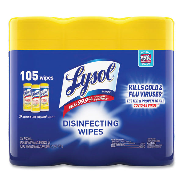 LYSOL® Brand Disinfecting Wipes, 1-Ply, 7 x 7.25, Lemon and Lime Blossom, White, 35 Wipes/Canister, 3 Canisters/Pack (RAC82159PK)