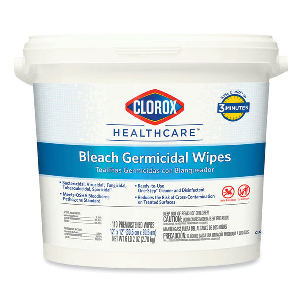 Clorox Healthcare® Bleach Germicidal Wipes, 1-Ply, 12 x 12, Unscented, White, 110/Bucket (CLO30358)