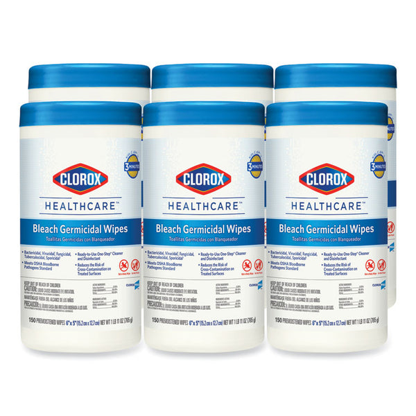 Clorox Healthcare® Bleach Germicidal Wipes, 1-Ply, 6 x 5, Unscented, White, 150/Canister, 6 Canisters/Carton (CLO30577CT) 6 Canisters of 150