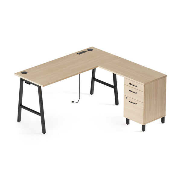 Essentials Single-Pedestal L-Shaped Desk with Integrated Power Management, 59.8" x 59.8 x 29.7", Natural Wood/Black (UOS60420CC)